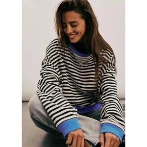 We The Free Black and White Striped Sweater with Blue Trim